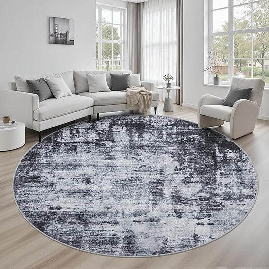 Round Area Rug for Living Room: 8 ft Washable Modern Abstract Soft Thin Rug Indoor Floor No Slip Stain Resistant Carpet for Bedroom Dining Room Farmhouse Nursery Home Office - Dark Black