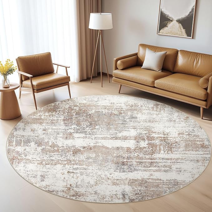 Round Rug Living Room Rugs: 6Ft Washable Circle Large Abstract Modern Soft Stain Resistant Non-Slip Indoor Floor Thin Carpet for Bedroom Nursery Office Dining Room Dorm Home House- Brown