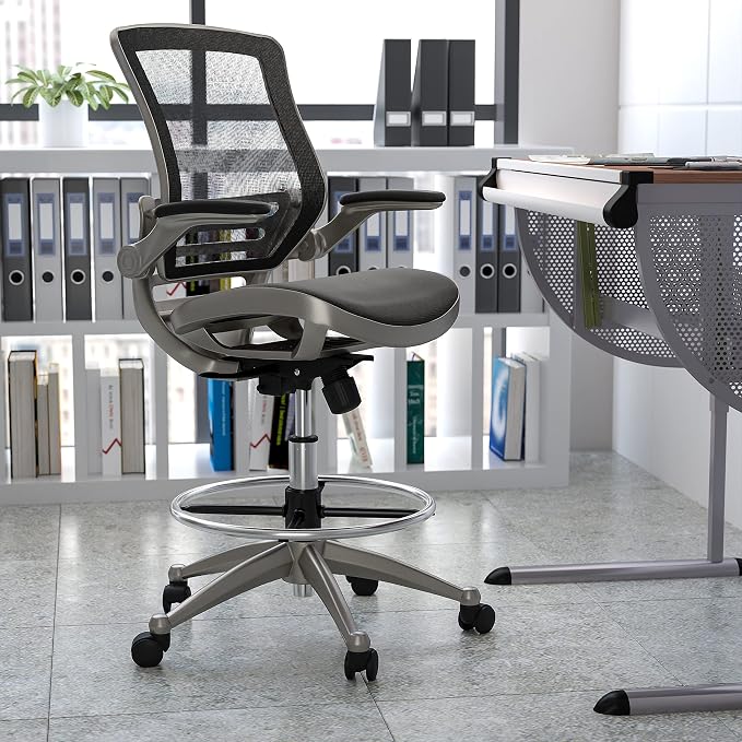 Flash Furniture Waylon Mid-Back Swivel Office Chair with Adjustable Foot Ring and Seat Height, Ergonomic Mesh Chair with Armrests, Black/Silver