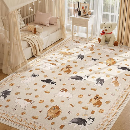 DUKINO 8x10 Area Rug, Non Slip Washable Animal Dog Rug for Living Room, Stain Resistant & Low Pile Indoor Floor Large Carpet for Bedroom, Farmhouse, Nursery, Dining Room, Kids Playroom, Beige Yellow