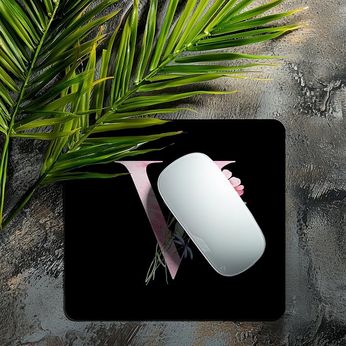 Mouse Pad Pinks Flowers Initial Letters Mousepad Desktop Laptop Computer Accessories Home Office Gaming Work Desk Computer Non-Slip Rubber Monogram Floral Alphabet A-Z mousepad (V)