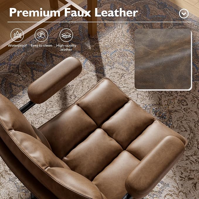 Ollega Mid Century Modern Desk Chair, Vintage Leather Office Chair, Brown | Petite Computer Chair for Small to Medium Women, Thickened Back, Cozy Seat, Adjustable Height for Home
