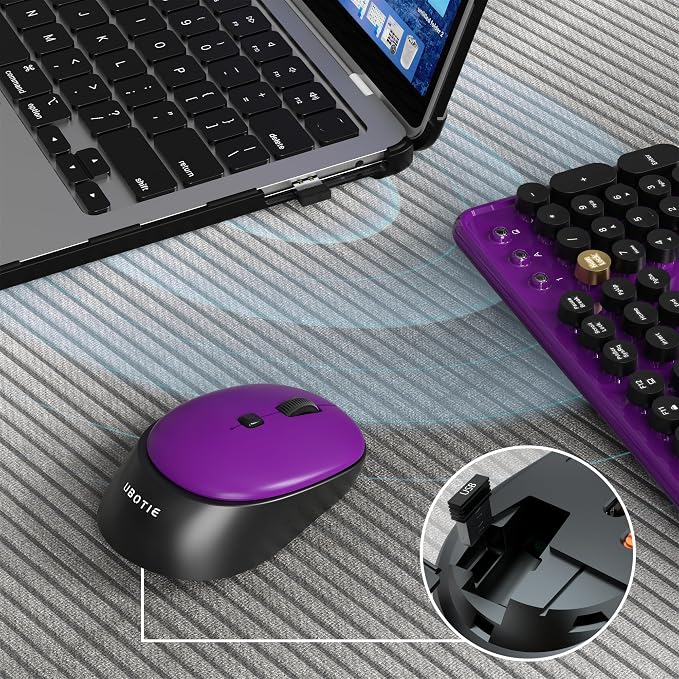 Colorful Wireless Computer Keyboards Mouse Combos, UBOTIE Polychrome Round Keycaps Retro PC Keyboards 2.4GHz Radio Frequency Connection with Optical Mouse(Black Purple)