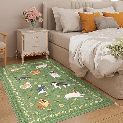 DUKINO 3x5 Area Rug, Lightweight Washable Entryway Rug with Non Slip & Low Pile, Soft Non Shedding Animal Dog Print Pattern Indoor Throw Carpet for Bedroom, Kitchen, Bathroom, Kids Room, Office, Green