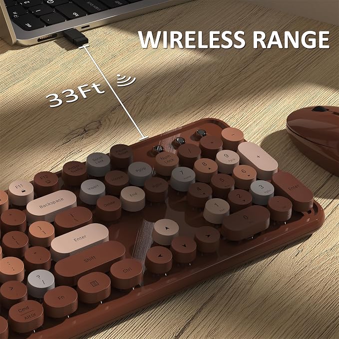 Links9+ Wireless Keyboard and Mouse, Full-Size Retro Typewriter Keyboard with Round Keycaps, 2.4GHz for Windows, Mac, Laptop, PC, Desktop (Coffee Colorful)