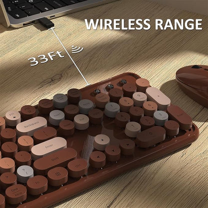 Links9+ Wireless Keyboard and Mouse, Full-Size Retro Typewriter Keyboard with Round Keycaps, 2.4GHz for Windows, Mac, Laptop, PC, Desktop (Coffee Colorful)