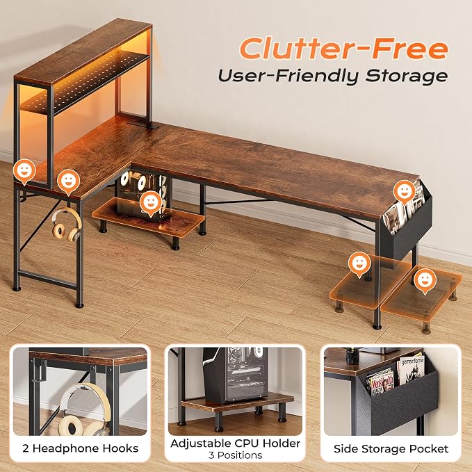 PRAISUN L Shaped Gaming Desk with LED Lights & Power Outlets, Reversible Computer Desk with Storage Shelves & Bag, Large Corner Home Office Desk with Pegboard for Work from Home, Rustic Brown