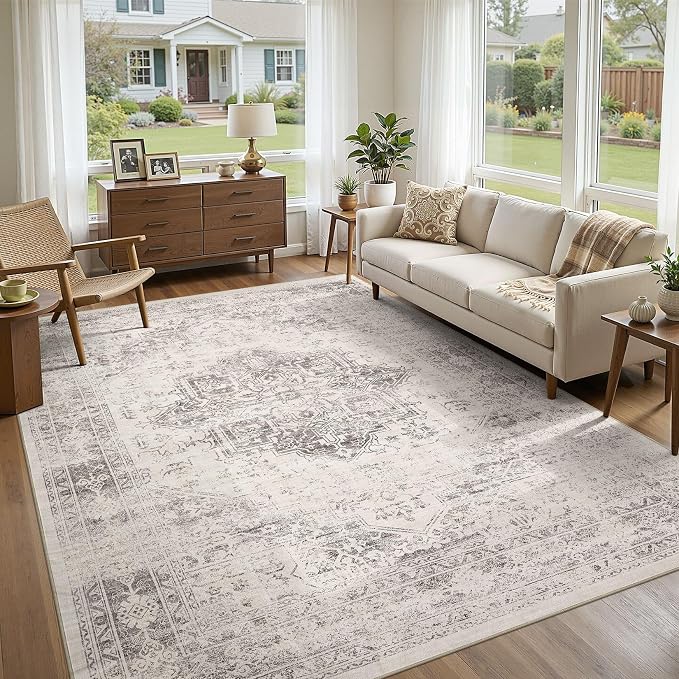 UERMEI 6x9 Area Rug Living Room Rugs - Washable Vintage Soft Large Rug Indoor Floor No Slip Rug Carpet for Bedroom Farmhouse Under Dining Table Home Office Decor - Beige/Camel
