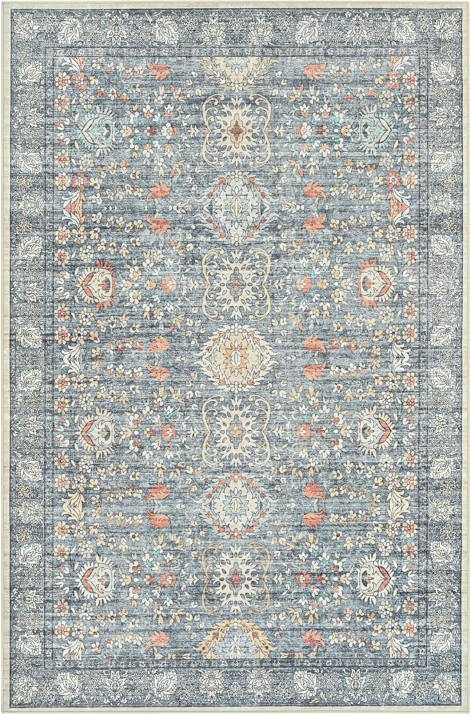 Goideal Washable Rug 4x6, Vintage Area Rugs Non Slip, Indoor Low Pile Carpet with Rubber Backing for Living Room Kitchen Bathroom Entryway Office Bedroom,Grey & Rust