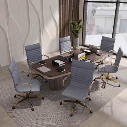 LeisureMod Harris High-Back Task Office Chair - Modern Leather Upholstery with Gold Frame, Ribbed Design 360 Degree Adjustable Swivel for Home, Office, and Study Room