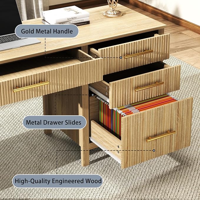 Fluted Executive Desk with Drawers: 54" Oak Home Office Desks with File Drawers, Modern Computer Desk with Gold Handles, Writing Table for Study, Living Room (Oak, 54")