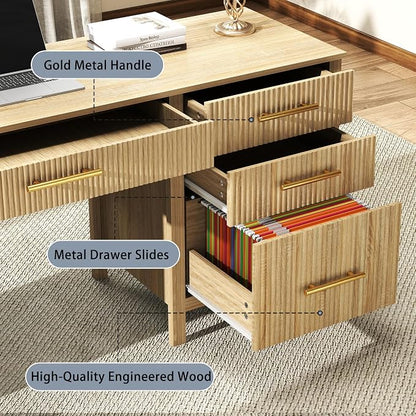 Fluted Executive Desk with Drawers: 54" Oak Home Office Desks with File Drawers, Modern Computer Desk with Gold Handles, Writing Table for Study, Living Room (Oak, 54")