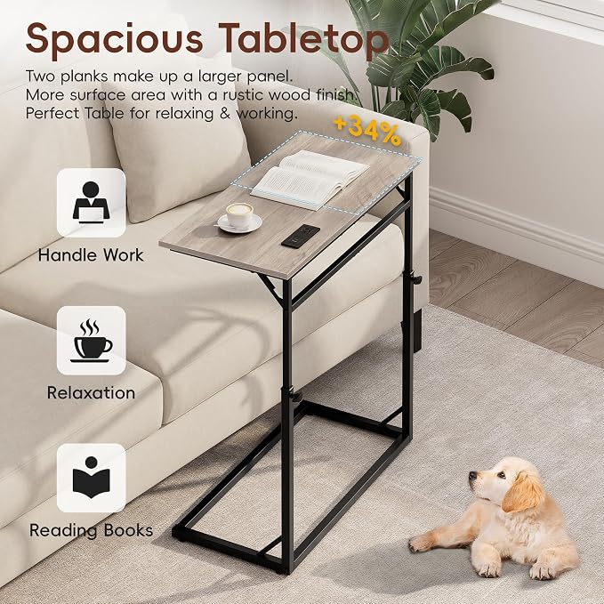 Vagusicc C Shaped End Table with Charging Station, C-Table End Table Adjustable Height Side Table for Couch, Large Couch Table, Slide Under Couch Table TV Tray Table for Sofa,Living Room,Bedroom, Grey
