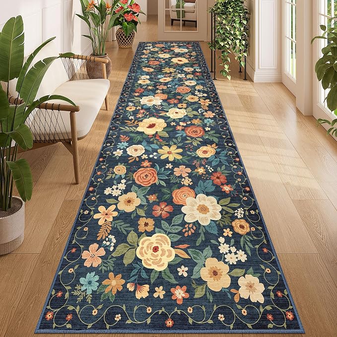 DUKINO 3x12 Washable Runner Rug, Non Slip Soft Floral Hallway Runner Rug with Non Shedding Design, Low Pile Loog Floor Carpet for Kitchen, Hallway, Bathroom, Entryway, Laundry, Navy Blue