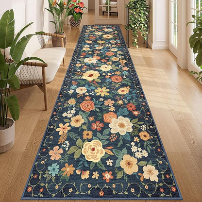 DUKINO 3x12 Washable Runner Rug, Non Slip Soft Floral Hallway Runner Rug with Non Shedding Design, Low Pile Loog Floor Carpet for Kitchen, Hallway, Bathroom, Entryway, Laundry, Navy Blue