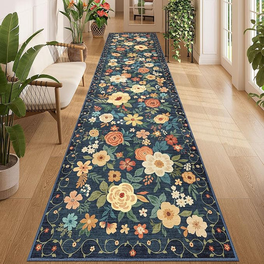 DUKINO 3x12 Washable Runner Rug, Non Slip Soft Floral Hallway Runner Rug with Non Shedding Design, Low Pile Loog Floor Carpet for Kitchen, Hallway, Bathroom, Entryway, Laundry, Navy Blue
