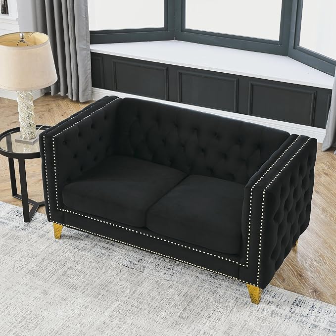 mikibama 58" Velvet Loveseat Sofa Couch for Living Room,Button Tufted 2 Seater Couches with Nailhead Trims,Modern Upholstered 2-seat Sofas with Golden Metal Legs for Bedrooom,Office