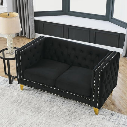 mikibama 58" Velvet Loveseat Sofa Couch for Living Room,Button Tufted 2 Seater Couches with Nailhead Trims,Modern Upholstered 2-seat Sofas with Golden Metal Legs for Bedrooom,Office