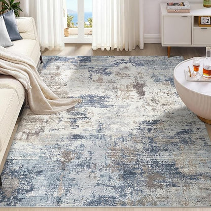 UERMEI 5x7 Area Rug Living Room Rugs - Washable Neutral Modern Abstract Soft Thin Large Rug Indoor Floor No Slip Rug Carpet for Bedroom Under Dining Table Home Office Decor - Denim Blue