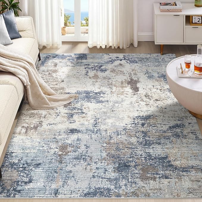 UERMEI 6x9 Area Rug Living Room Rugs - Washable Neutral Modern Abstract Soft Thin Large Rug Indoor Floor No Slip Rug Carpet for Bedroom Under Dining Table Home Office Decor- Denim Blue