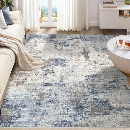 UERMEI 8x10 Area Rug Living Room Rugs - Washable Neutral Modern Abstract Soft Thin Large Rug Indoor Floor No Slip Rug Carpet for Bedroom Under Dining Table Home Office Decor - Denim Blue