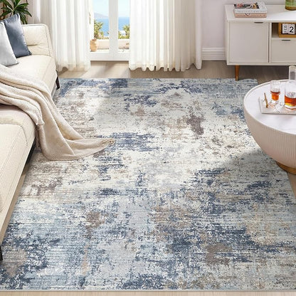 UERMEI 9x12 Area Rug Living Room Rugs - Washable Neutral Modern Abstract Soft Thin Large Rug Indoor Floor No Slip Rug Carpet for Bedroom Under Dining Table Home Office Decor- Denim Blue