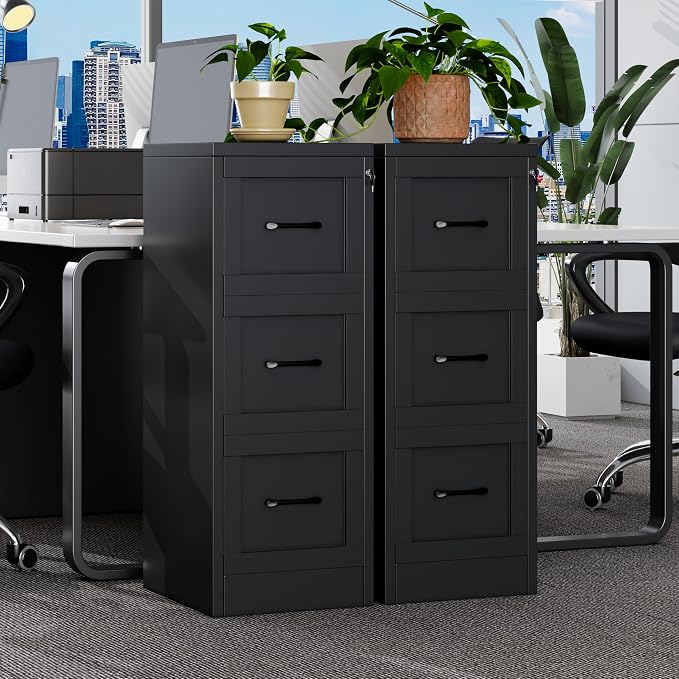 Small Metal 3-Drawer File Cabinet, Under-Desk Filing Cabinet, Black | Locking, Adjustable Hanging Rail, Fit A4, FC, Letter, Hanging File Folders for Home Office Storage Organization, 2PS