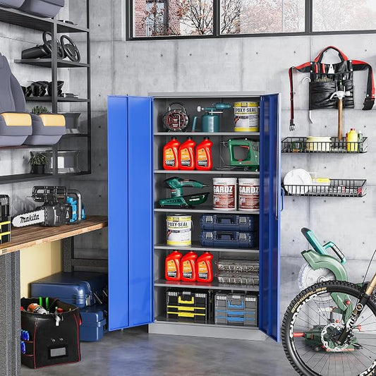STANI Metal Garage Storage Cabinet with Lock, 71" Steel Lockable File Cabinet, Locking Steel Storage Cabinet with 5 Adjustable Shelves for Home, Office, Garage, Warehouse (Blue Grey, 2 Door - 71" H)