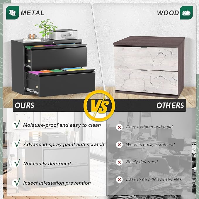 Superday Lateral File Cabinet, 2 Drawer File Cabinet with Lock, Black Filing Cabinets with Lock, Metal Filing Cabinets for Home Office/Legal/Letter/A4, Home Office Furniture for Hanging File