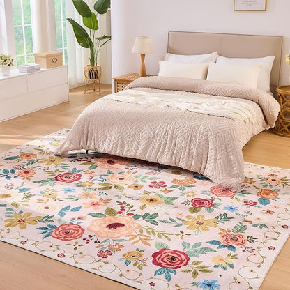 DUKINO 8x10 Area Rug, Floral Rugs for Living Room, Lightweight Non Slip Washable Rug, Indoor Low Pile & Non-Shedding Boho Design Rugs for Bedroom, Living Room, Dining Room, Beige