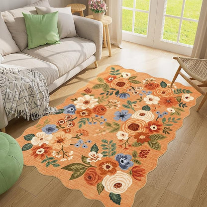 DUKINO 4x6 Area Rug, Floral Non-Slip Indoor Washable Rug with Low Pile & Non-Shedding, Lightwight Boho Design Carpet for Entryway, Bedroom, Kids Room, Living Room, Kitchen, Orange