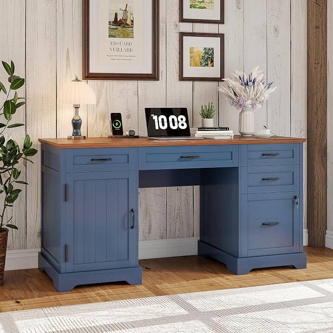 Whalefall 55'' Farmhouse Desk Home Office with Drawers, Blue | Executive Computer Desk with File Cabinet and Charging Station, Wooden Small Desk with Locking Drawers Storage