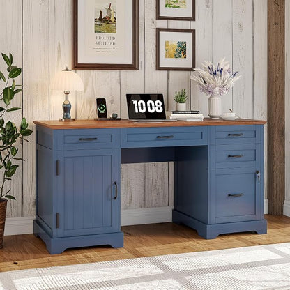 Whalefall 55'' Farmhouse Desk Home Office with Drawers, Blue | Executive Computer Desk with File Cabinet and Charging Station, Wooden Small Desk with Locking Drawers Storage