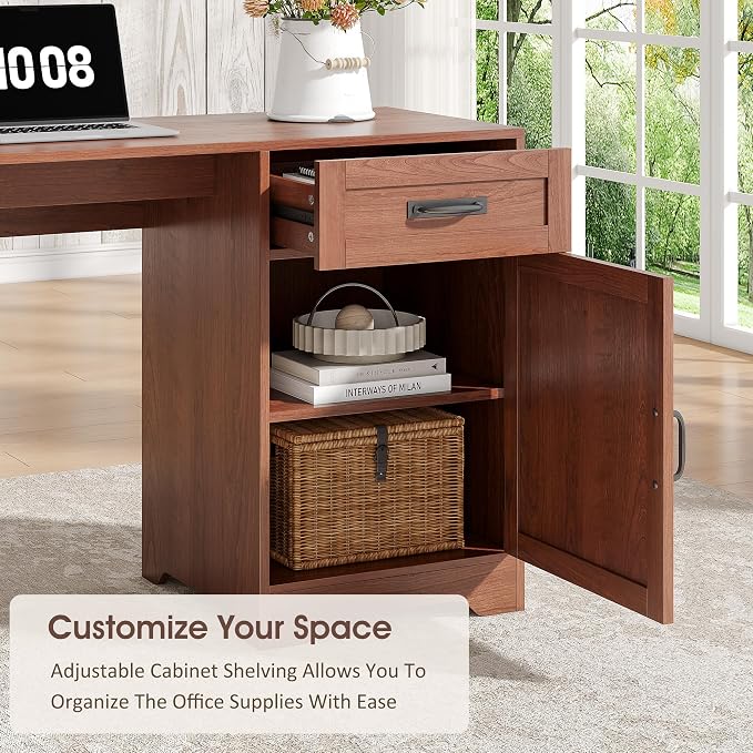 Whalefall 63'' Farmhouse L Shaped Desk with Monitor Stand Shelves, Brown | Corner Computer Desk with Drawers, Executive Home Office L Desk with File Cabinet Storage and Charging Station