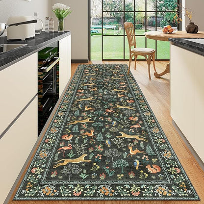 DUKINO 3x10 Washable Runner Rug for Hallway, Lightweight Long Kitchen Rug with Low Pile Design, Vintage Animal Non Shedding Thin Indoor Carpet for Entryway, Bathroom, Bedroom, Laundry Room, Black