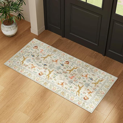 DUKINO 2x4 Rug for Hallway, Washable Kitchen Runner Rug with Non Slip Backing, Soft Low Pile Vintage Animal Runner for Bedroom, Kitchen, Hallway, Entryway, Laundry, Beige