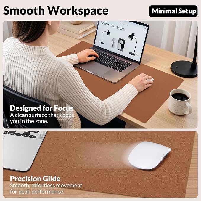 AFIING Leather Desk Mat 35.4" x 17", Brown | Dual-Sided Cork & PU Leather, Large Mouse Pad, Non-Slip & Waterproof