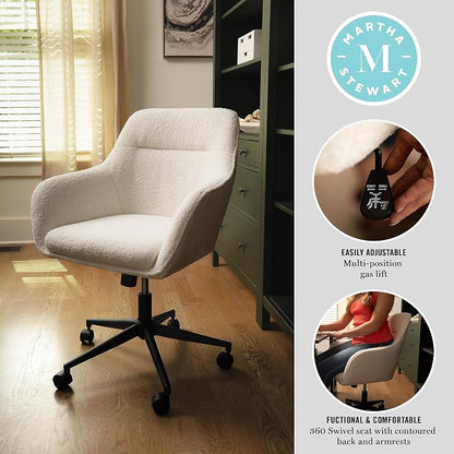 Martha Stewart Rayna Swivel Task Chair with Flared Arms for Home Office in White Boucle with Oil Rubbed Bronze Frame