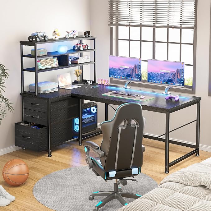DurayLoly L Shaped Desk with Aluminum Housing LED for Gaming Room,Dorm | Integrated Remote Light, Heat Dissipation,Steady Bright,Sturdy;41 Modes & 5 Colors, Vibrant Teen Gaming Ambiance