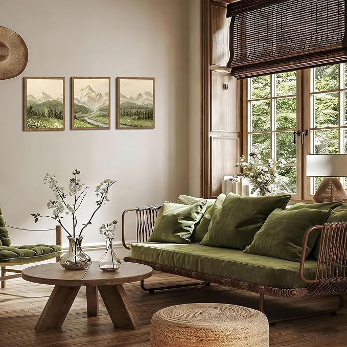 Framed Mountain Wall Art for Living Room, Green Nature Landscape Canvas Wall Decor Set of 3, Vintage Forest Rustic Farmhouse Prints Pictures Paintings for Office Bedroom 16x24 Inch