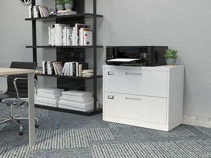BYNSOE 2 Drawer Lateral File Cabinet Metal Filing Storage Cabinet with Lock Office Home Steel File Cabinet for A4 Legal/Letter Size File Cabinet Locked,Assembly Required (2 Drawer, White)