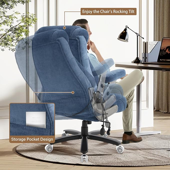 Fabric 700lbs Big and Tall Office Chair, Ergonomic Heavy Duty Executive Cloth Office Chair with 5D Flip Arms & Adjustable Lumbar Support & Dual Rubber Wheel, Large Thick Padded Extra Wide Seat, Blue