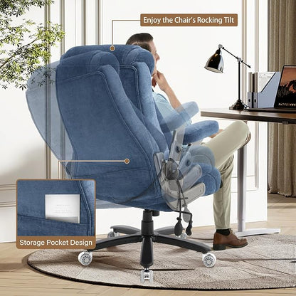 Fabric 700lbs Big and Tall Office Chair, Ergonomic Heavy Duty Executive Cloth Office Chair with 5D Flip Arms & Adjustable Lumbar Support & Dual Rubber Wheel, Large Thick Padded Extra Wide Seat, Blue