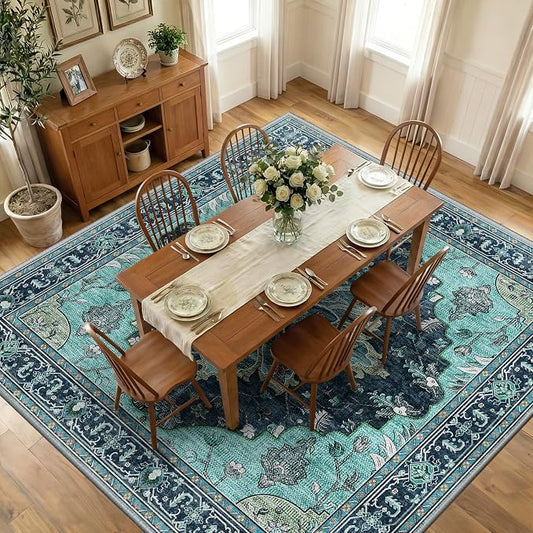 RELEANY Area Rugs Square 10ft Washable Non-Slip, Floral Vintage Distress Medallion Carpet for Living Room Bedroom Dining Room, Teal Green Lake Blue Turquoise