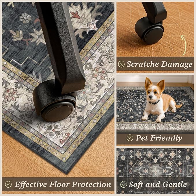 2'5"x4' Black Boho Office Chair Mat for Hardwood Floors - Dark Modern Aesthetic Under Desk Rug, Low Pile Floor Protector for Heavy Duty Computer Chair with Non-Slip Backing, Black & Multi