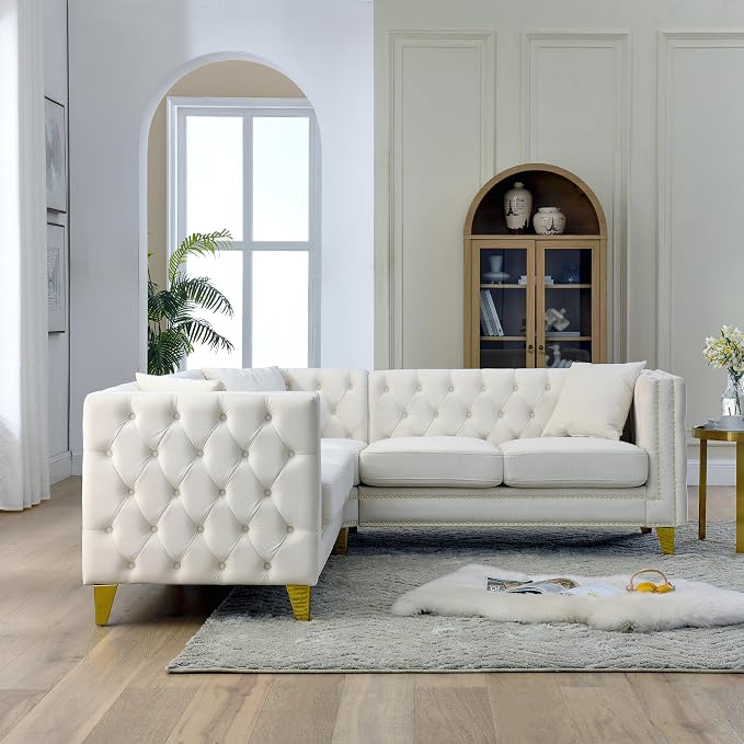 mikibama Modern L-Shaped Sofa Couch with Nailhead Trim,Chesterfiled Velvet 5 Seater Corner Sofas for Living Room,Button Tufted Modular Sectional Sofa with Gold Metal Legs (Velvet Beige, L-Shaped)