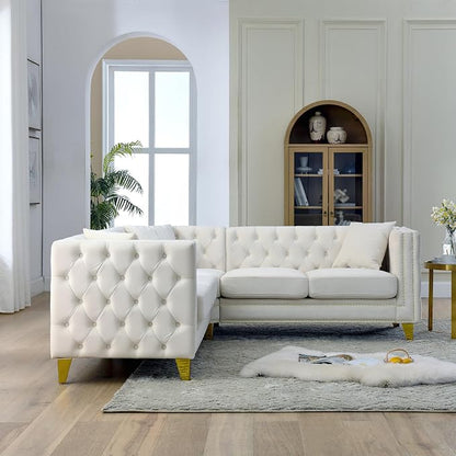 mikibama Modern L-Shaped Sofa Couch with Nailhead Trim,Chesterfiled Velvet 5 Seater Corner Sofas for Living Room,Button Tufted Modular Sectional Sofa with Gold Metal Legs (Velvet Beige, L-Shaped)