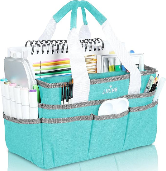 JJRING Craft Organizer Tote Bag, Art Storage Caddy with Multiple Pockets, Sky Blue Sewing Bag for Art, Craft, Scrapbooking, School, Medical, and Office Supplies Storage