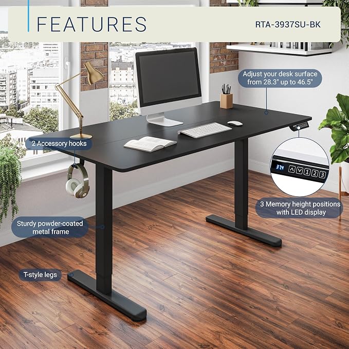Techni Mobili 48” W Electric Standing Desk, Height Adjustable Sit-to-Stand Desk with 3 Memory Presets and Dual Accessory Hooks, Computer Workstation for Home or Office (Black)
