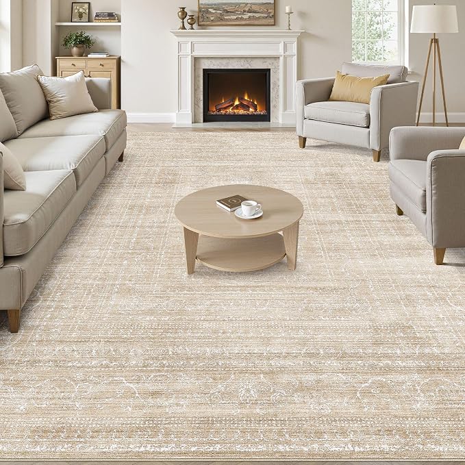 7x9 Area Rug Living Room: Washable Large Neutral Soft Rug Farmhouse Stain Resistant Indoor Non-Slip Floor Carpet for Bedroom Nursery Kids Playroom Office Dining Room Dorm- Beige